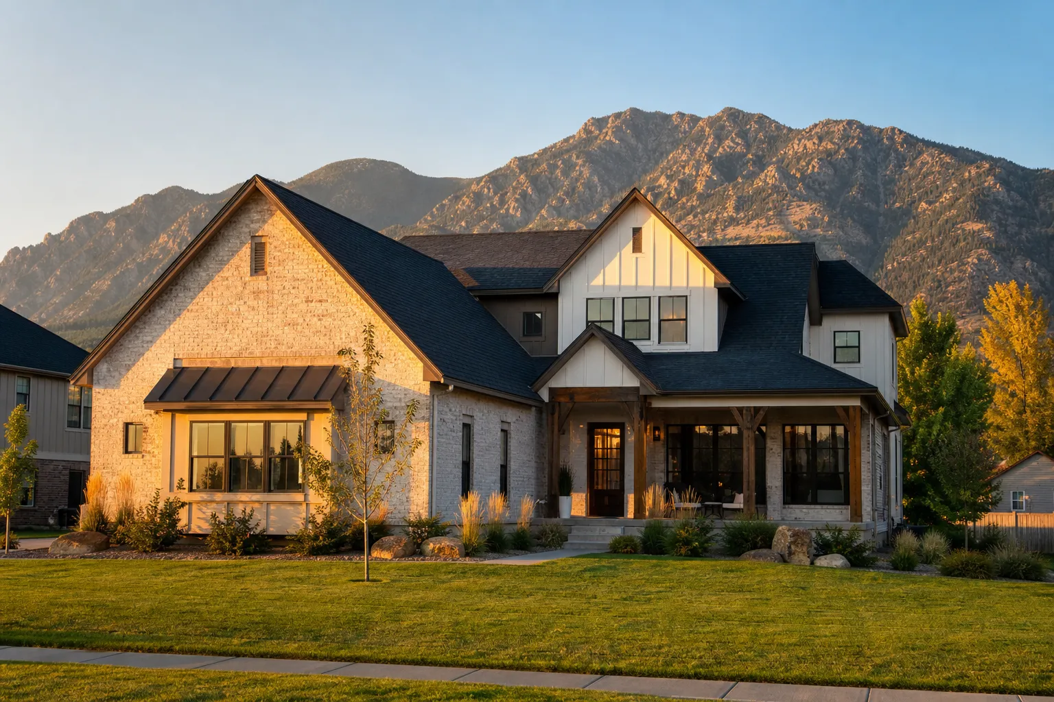 Colorado home with the Rocky Mountain foothills behind it at sunset